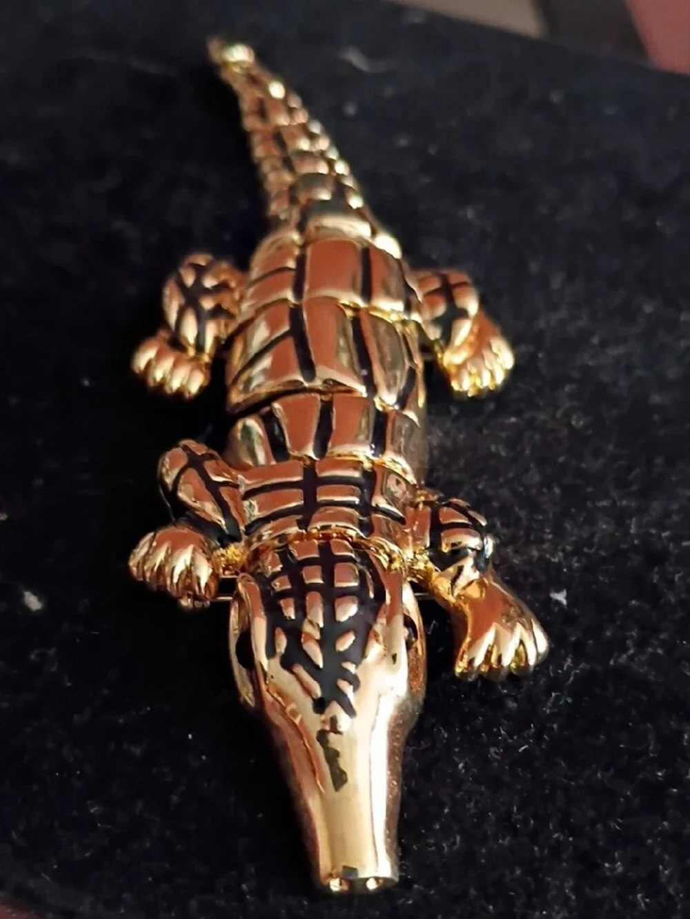 Gold and Black Crocodile Brooch Pin by